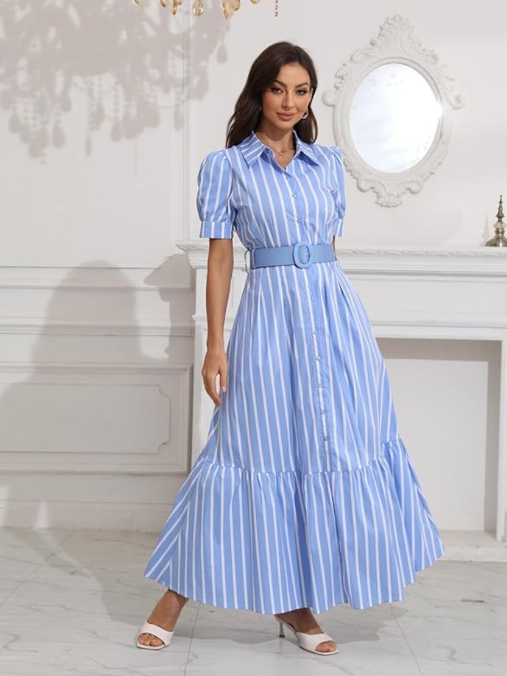 Women's Button Down Shirt Dress Casual Puff Short Sleeve Ruffle Hem Maxi Dresses
